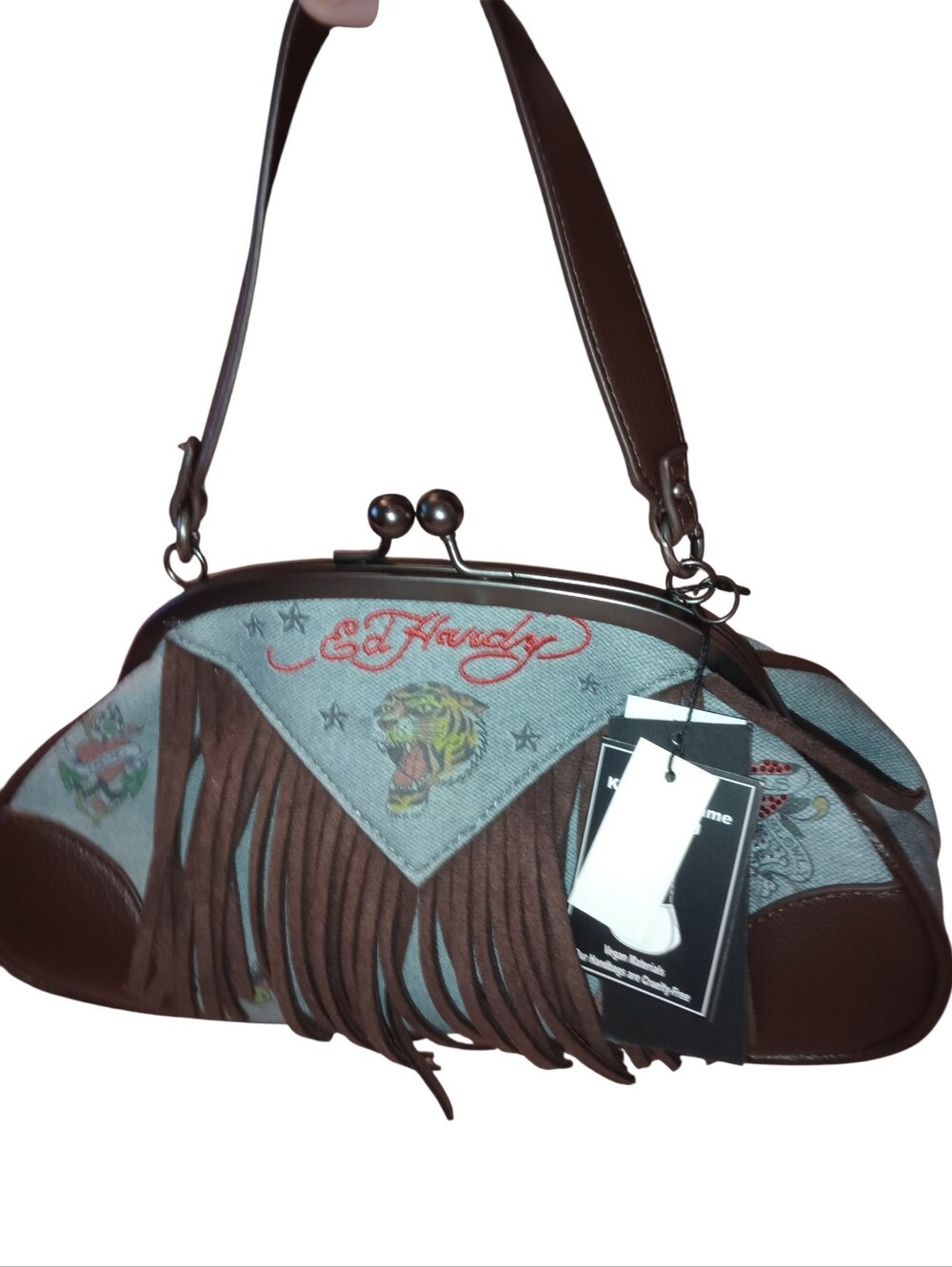 Ed Hardy Brown & Denim Fringe Shoulder Bag with Embroidery, NWT